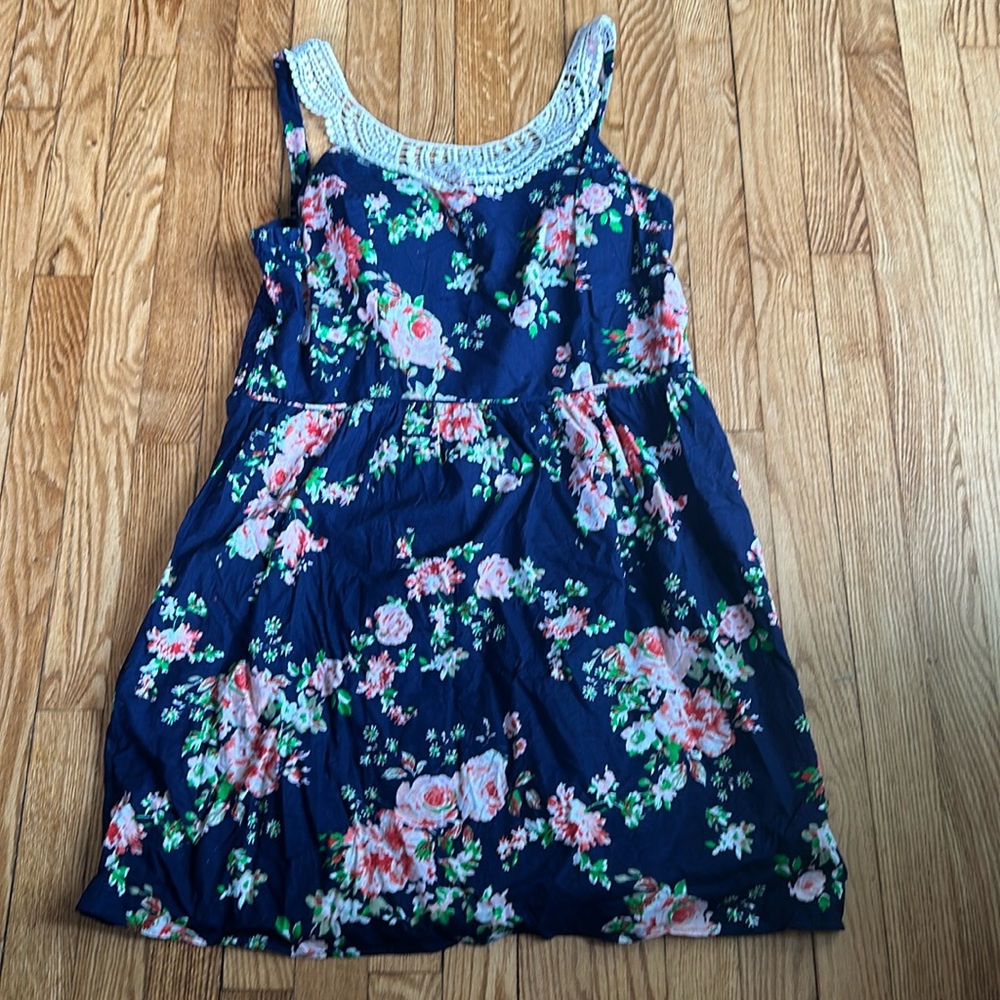 Navy Blue and Floral Print Dress